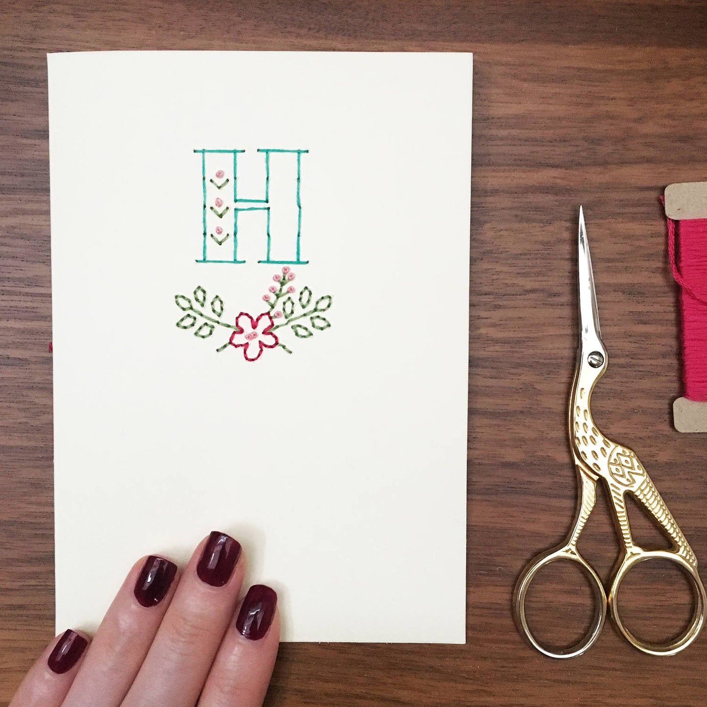 Hand-stitched Floral Initial Card