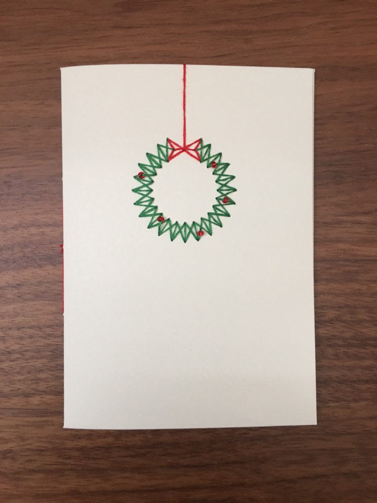 Handmade Modern Stitched Christmas Wreath Card