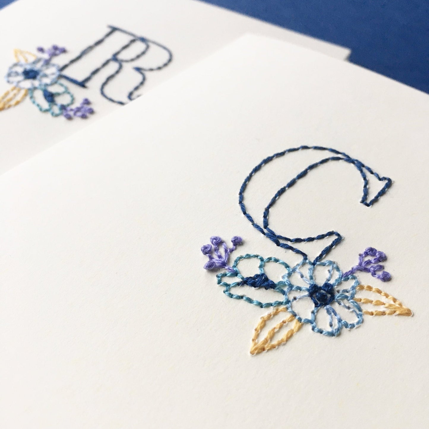 Hand-stitched Blue Floral Initial Card