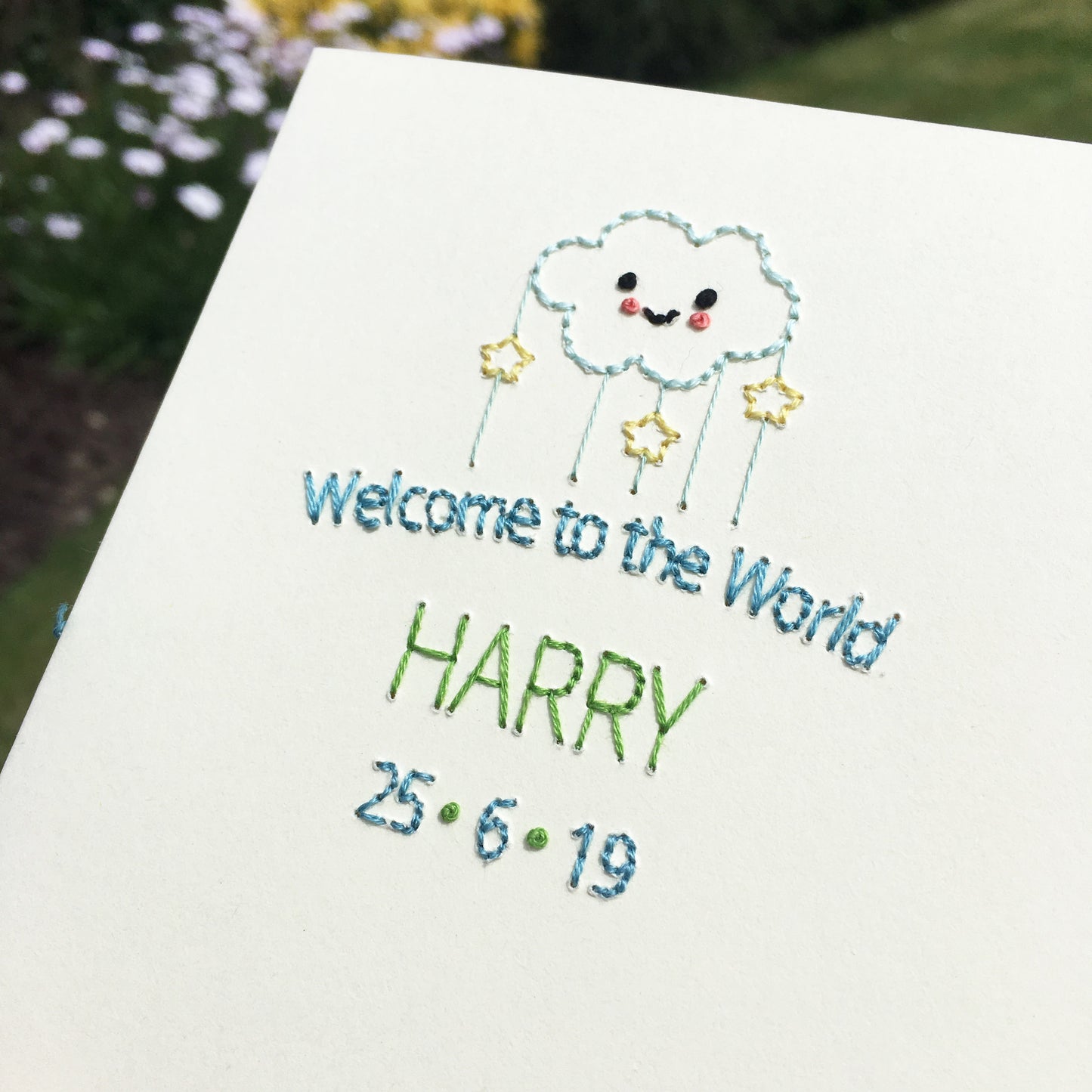 Hand-stitched Personalised Welcome to the World Card with Date - Blue