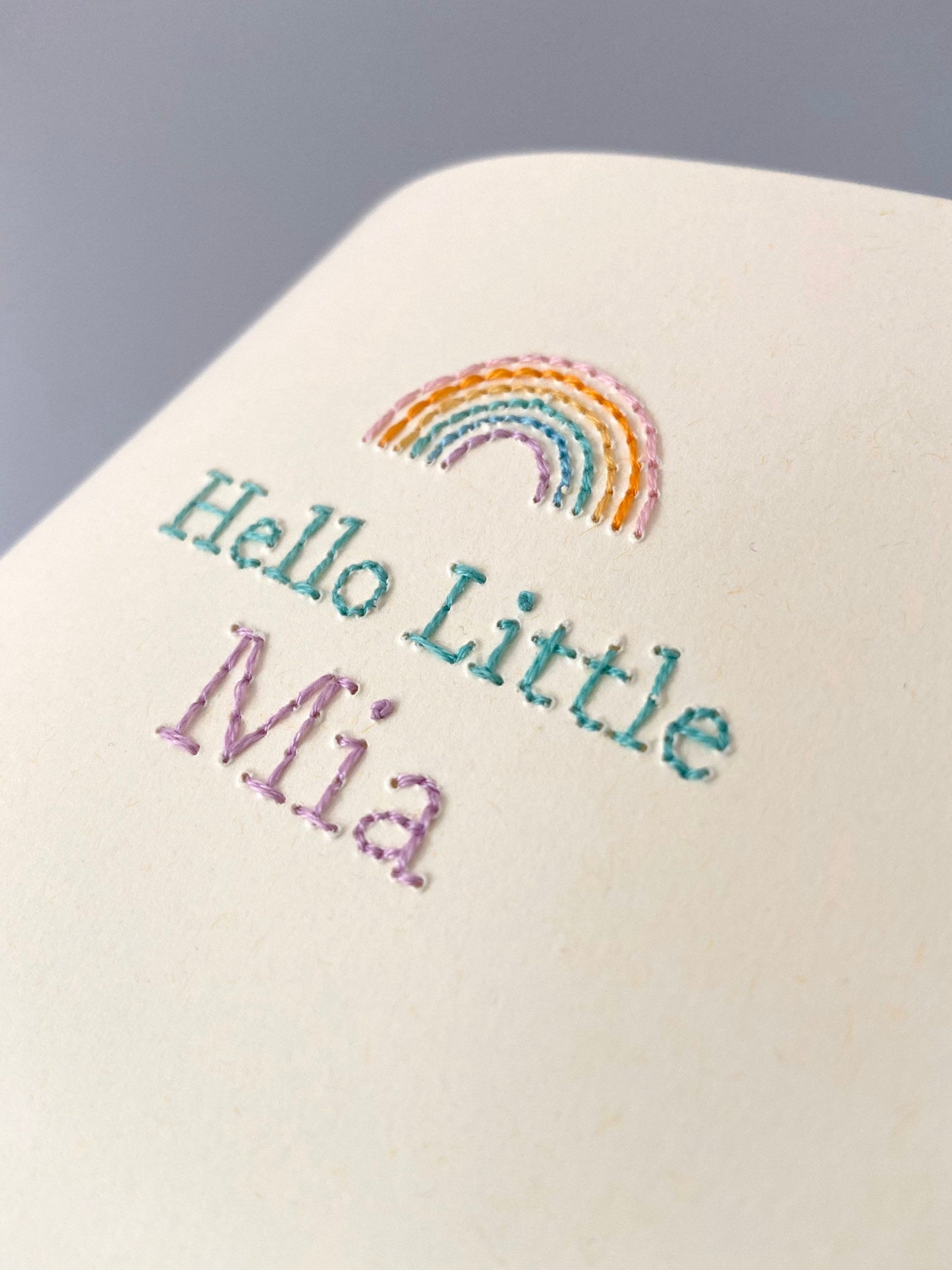 Hand-stitched Personalised Pastel Rainbow New Baby Card