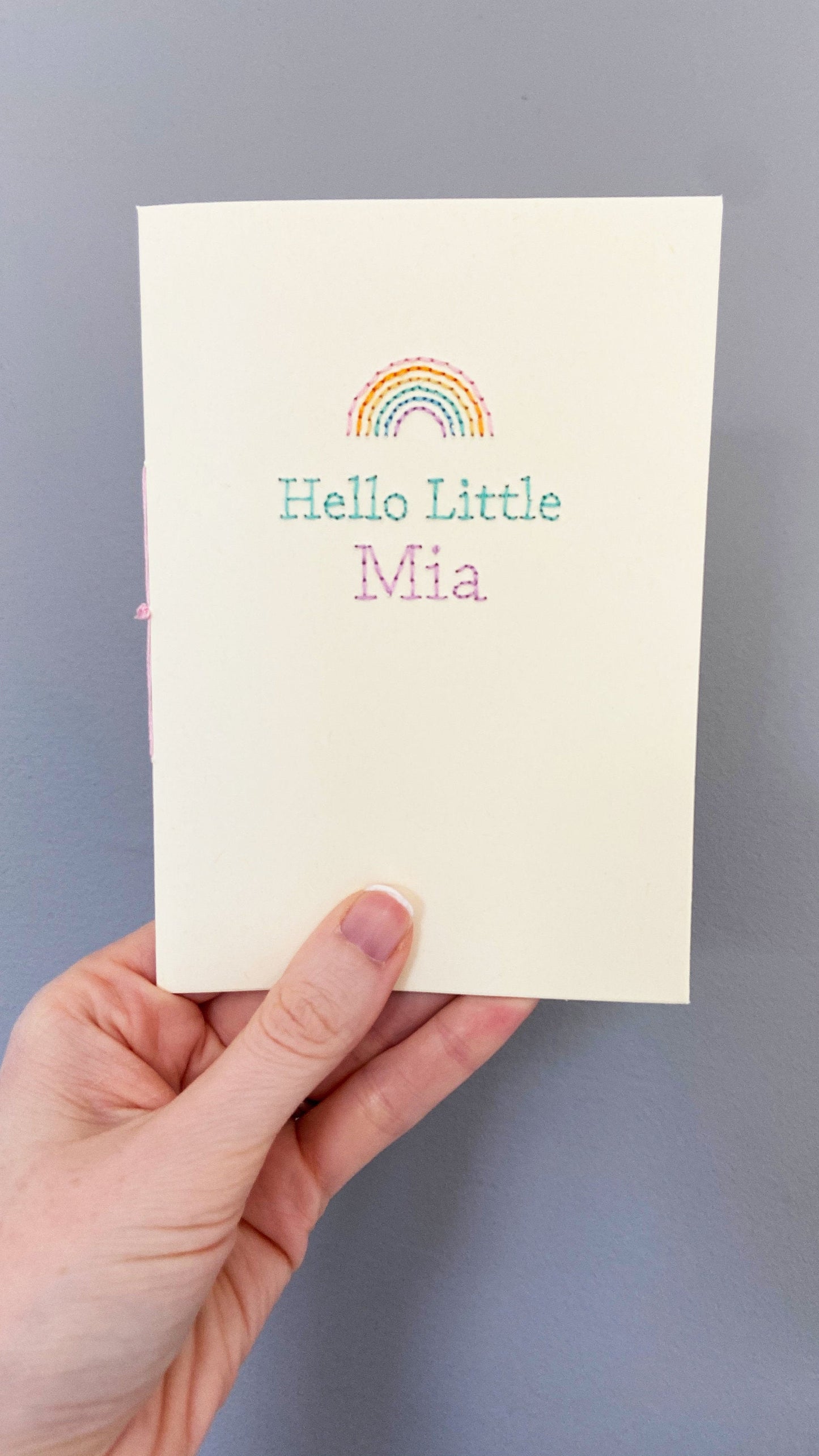 Hand-stitched Personalised Pastel Rainbow New Baby Card