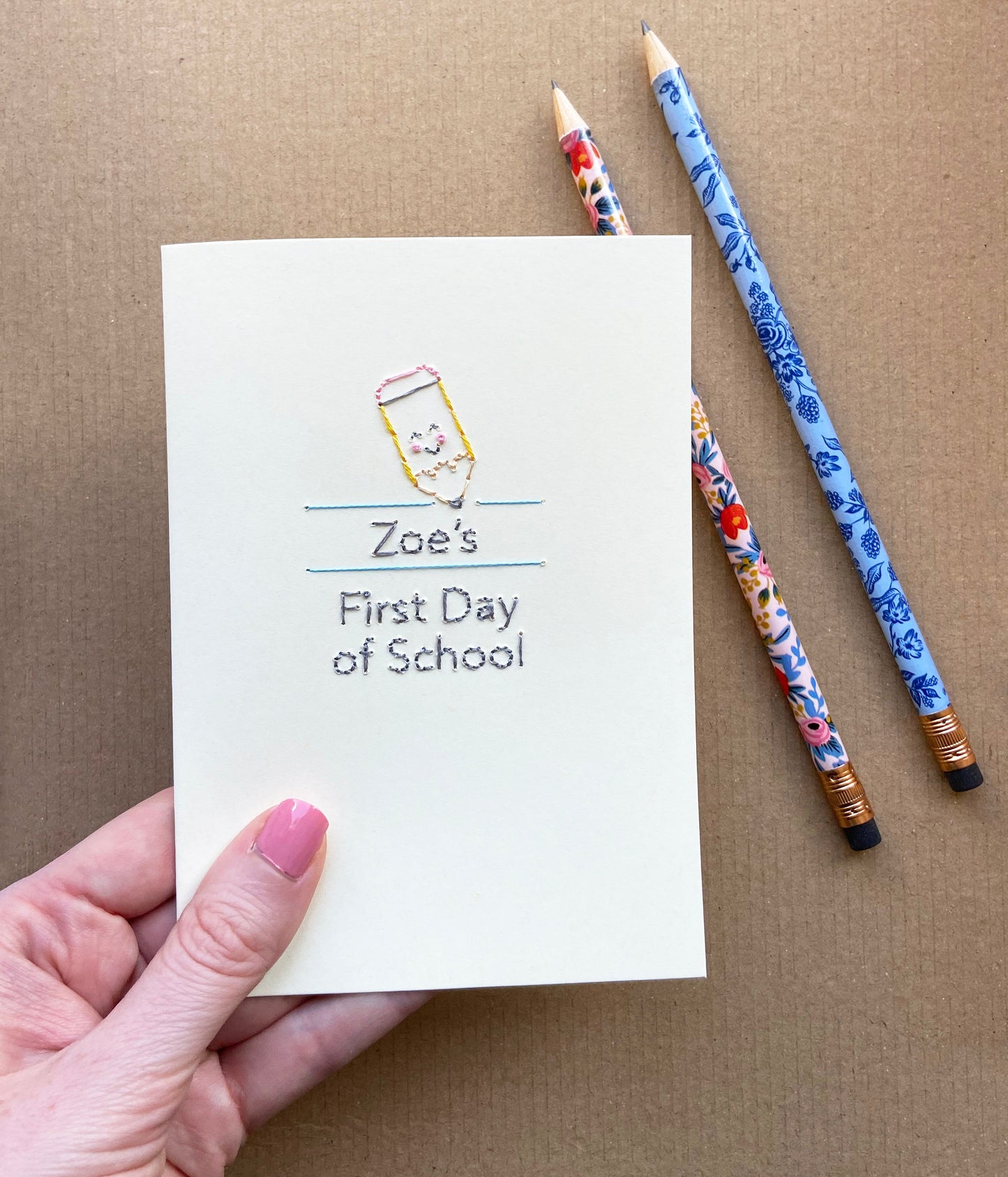 Hand-stitched Personalised First Day of Big School Happy Pencil Card