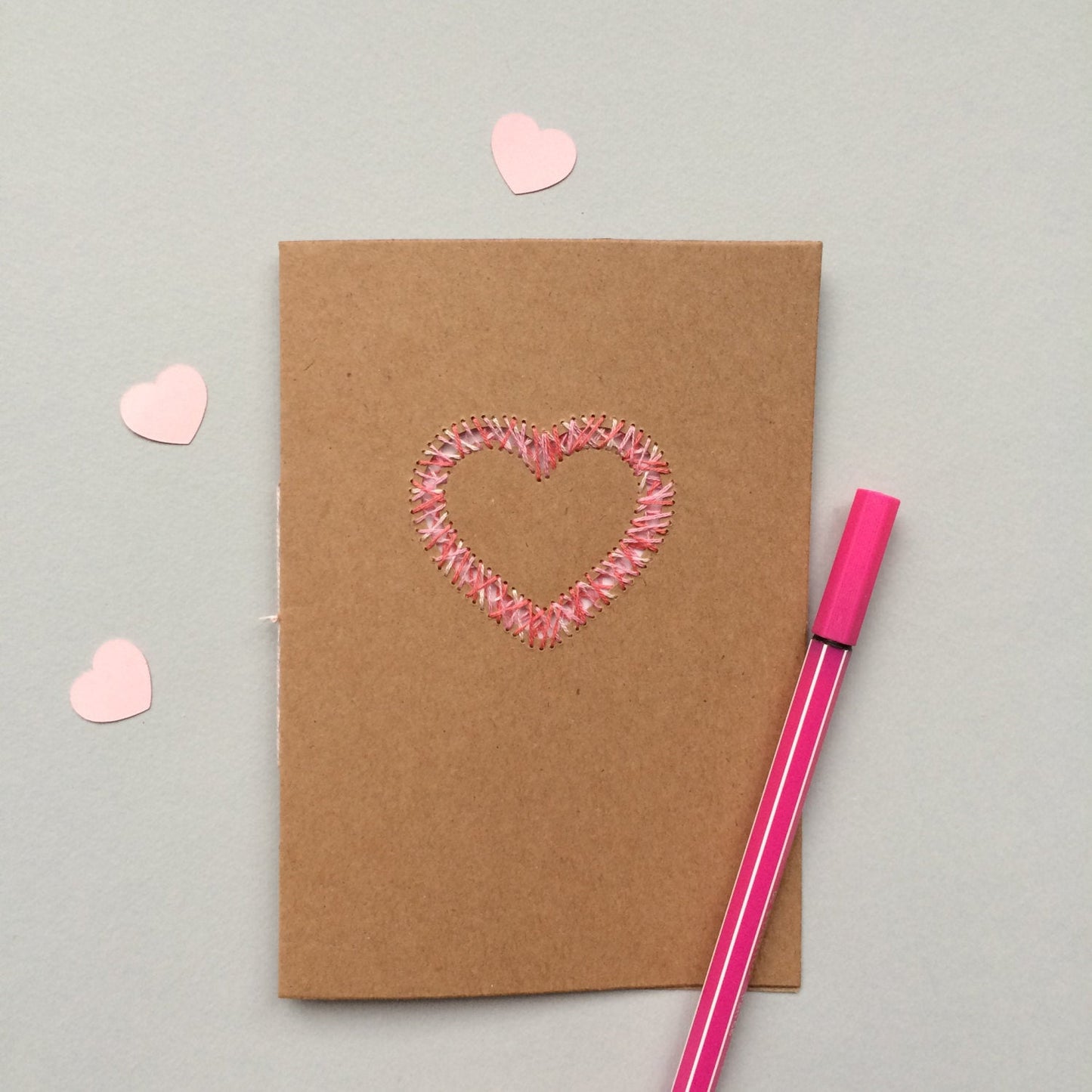 Handstitched Suspended Love Heart in Recycled Card